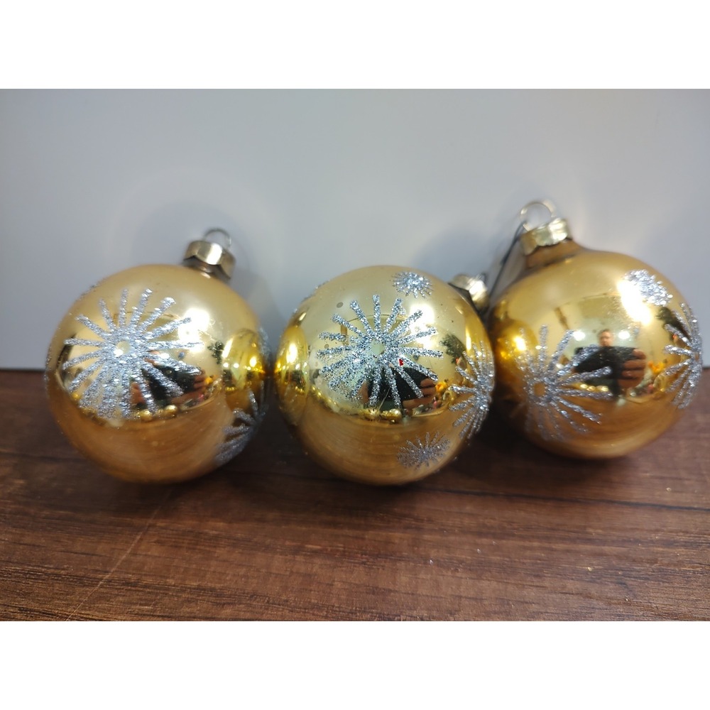 3 VINTAGE RAUCH Gold MERCURY GLASS Glittered ATOMIC Stars CHRISTMAS ORNAMENT A8